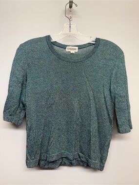 Vintage Castleberry New York Shimmer Metallic Lurex Teal Short Sleeve Knit Top
